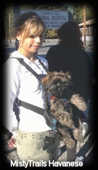 A girl is standing outside and she has a brown with black dog in a harness attached to her chest.