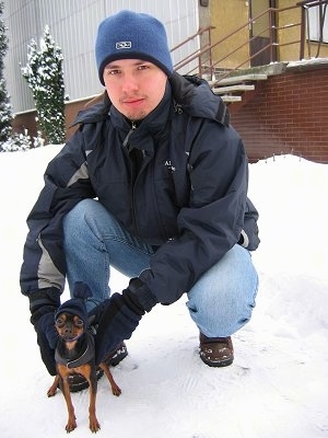 A black with brown Prazsky Krysarik dog is standing in snow in front of a man in a blue ski hat who is kneeling down with his hands on the dog.