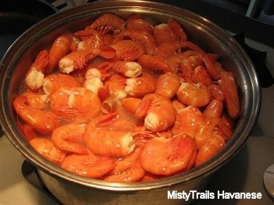 A Pot full of water and prawn ends.