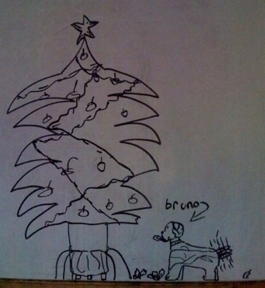 Drawing of Bruno the Boxer puppy chewing on a large Christmas tree with his tail wagging