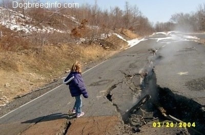 Sara standing next to a steaming road crack