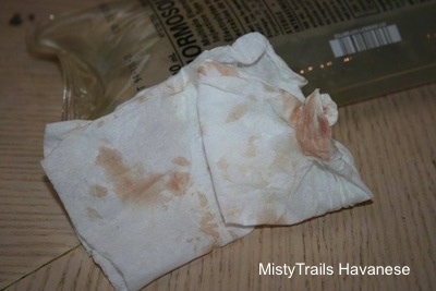 paper towel with blood and pus mixture on top of a heat pad