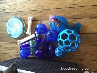 A pile of blue toys and two bones are outside of a basket.