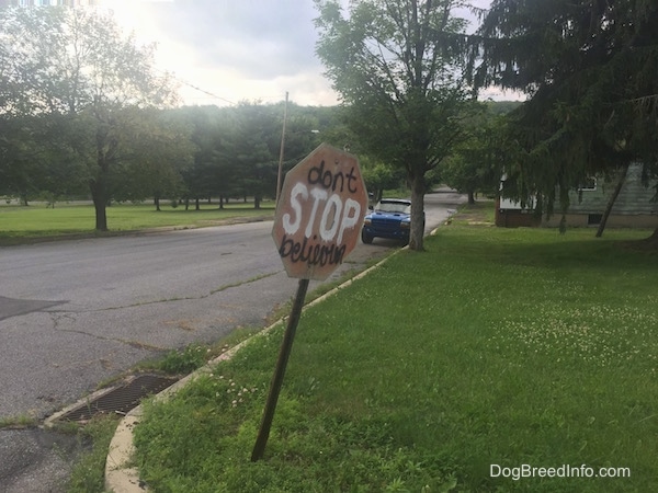 A stop sign in Centralia with the word 'Don't' spray painted above the word 'Stop' and 'believing' spray painted under