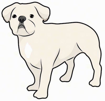 A small bully looking tan dog with a round head and a boxy pushed back muzzle, ears that fold to the sides, and a thick body standing