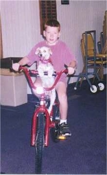 Sally the poodle mix is sitting on a bicycle with Tyler. They are in a house and the dog is sitting on the seat in front of the boy with its front paws on the middle part of the handle bars.
