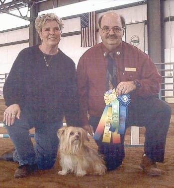 Lindsey the Yorkshire Terrier is sitting in front of its owner. They are sitting next to a guy who is holding a multi-colored ribbon and a blue ribbon.