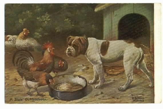 A colored drawing of the left side of a Bulldog that is standing in front of a dog house and three chickens trying to eat out of his food bowl.