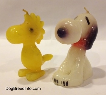 Close Up - Two candles side by side of Snoopy the Beagle sitting next to Woodstock the bird