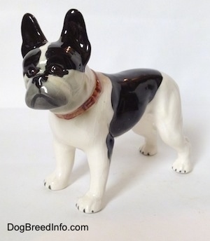 The front left side of a black and white vintage 1970s TMK 5 Boston Terrier figurine. The figurine has a necklace painted on.