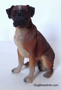 The left side of a brown with black and white Boxer figurine in a sitting pose and it is made out of resin. The figurine has great details.
