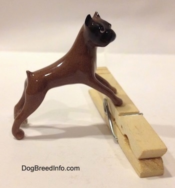 The right side of a brown with black Boxer dog figurine that is placed on top of a clothespin. The paws of the figurine lack detail.