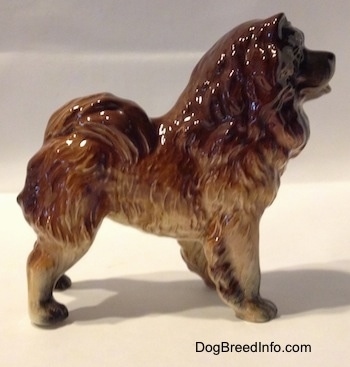 The right side of a brown with black Chow Chow figurine. The figurine has its tail across its back.