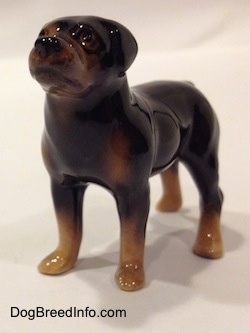 A figurine of a brown with black miniature Rottweiler. The figurine has medium length legs.