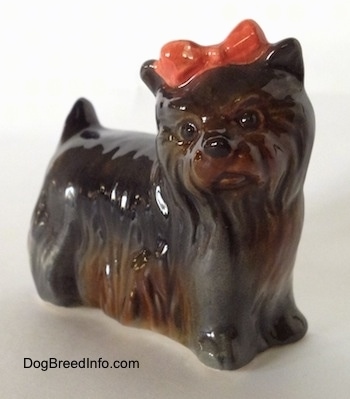 The front right side of a figurine of a gray with brown Yorkshire Terrier. The figurine has detailed black circles for eyes.