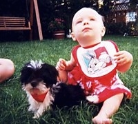 A tiny black with white Shih Tzu puppy is sitting on grass and there is an infant baby in a red dress sitting behind the puppy. The baby is looking up in the air and the pup is looking forward.