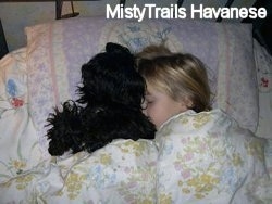 Close up - A blonde-haired girl is sleeping on a bed with a black fluffy dog. They are covered in a blanket.