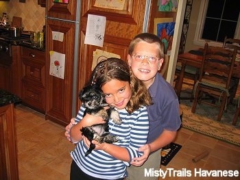 A girl is holding a black with gray puppy in her arms and a boy is hugging her.