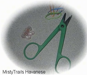 Top down view of a pair of green scissors a plastic clip shaped like a butterfly and hair bands on a carpet.