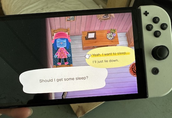 The character Sharon in the Animal Crossin game laying down ready to go into a dream