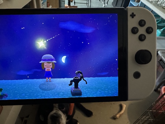 The game character Sharon wishing on a shooting star with the moon appearing to be next to her head