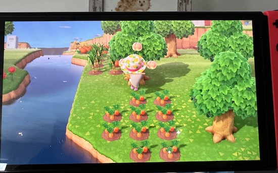 Aries the game character shaking a peach tree with the peaches falling with a carrot garden behind her