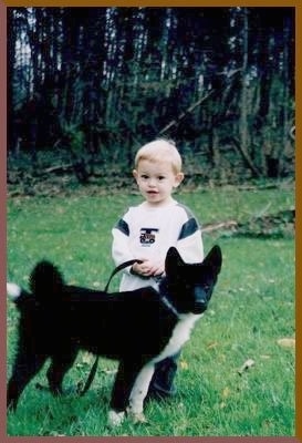 A blonde haired boy is standing behind a black and white Karelian Bear puppy in grass in front of woods.