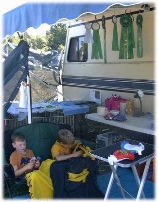 Two boys are sitting in a long lawn chair and they are playing with toys. They are under the shade of an awnings camper. There are ribbons hanging up in a camper.