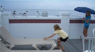 Four Seagulls sitting on a wall next to two girls who are feeding them