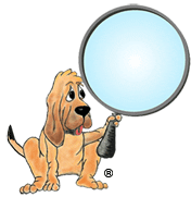 A drawn dog is holding a magnifying glass and his tail is wagging.