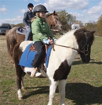 A girl in a puffy green coat is sitting on the back of a brown and white paint pony. They are at a western rodeo.
