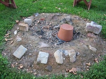 A bucket up-side-down in the fire pit