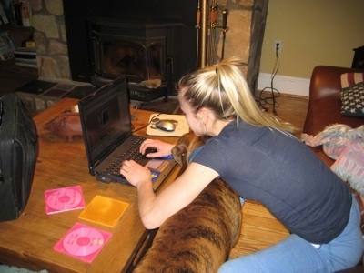 Amie working on HorsesWithAmie.com while Bruno the Boxer squeezes between her arms