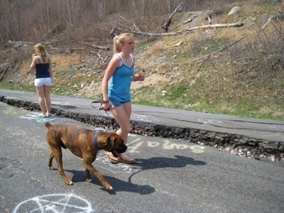 Amie leading Bruno the Boxer down the roads of Centralia next to a crack in the road