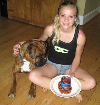 Amie sitting on the floor with her arm around Bruno holding a homemade pastry sitting next to Bruno the Boxer who is staring at the cake