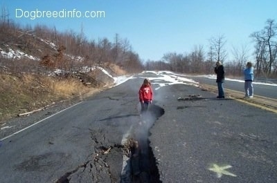  A Person standing in a steaming crack in the road. Two other people watch