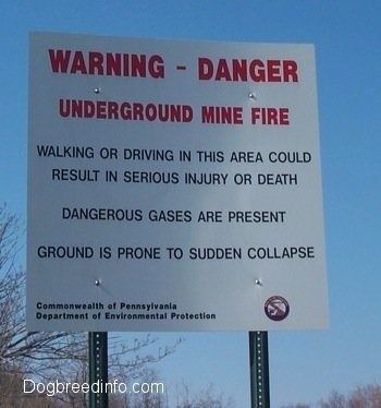 A Sign that reads 'WARNING - DANGER UNDERGROUND MINE FIRE WALKIN OR DRIVING IN THIS AREA COULD RESULT IN SERIOUS INJURY OR DEATH DANGEROUS GASES ARE PRESENT GROUND IS PRONE TO SUDDEN COLLAPSE Commonwealth of Pennsylvania Department of Environmental Protection'