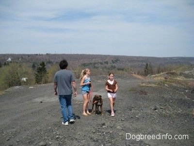 Three People and Bruno the Boxer standing on a dirt path