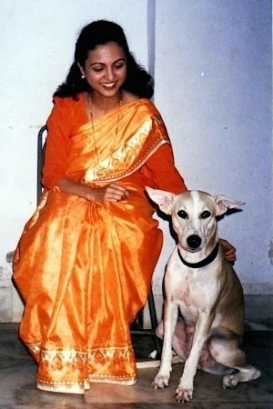 A smiling lady in an orange sari is sitting in a chair next to a short-haired, tan with white Pariah dog that is sitting next to her. The lady is petting the dog. The dog's large ears are standing out to the sides.