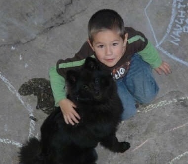 A fluffy black German Spitz is sitting outside next to a boy who is hugging it.