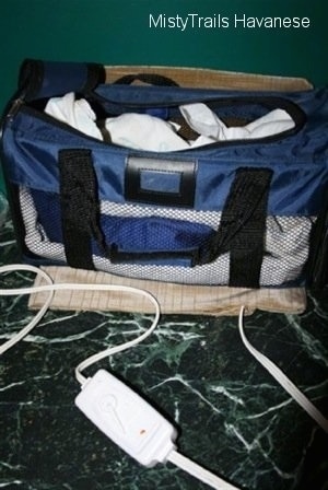 A makeshift incubator made out of a gym bag