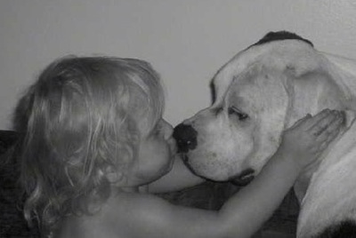 A black and white photo of a toddler kissing an American Bulldog on the nose