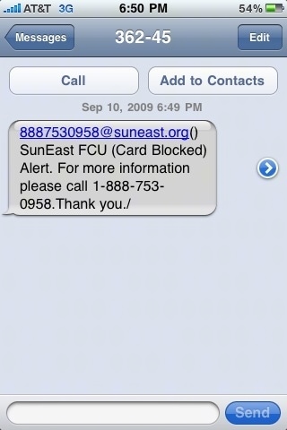 A screenshot of a text message from an iPhone. The text message is informing a person of a blocked payment