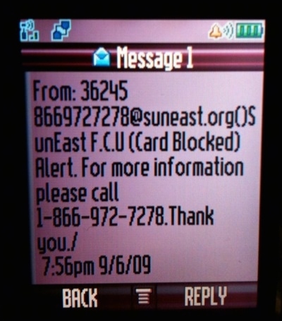 A screenshot of a text message from a phone. A text message that is informing a person of a blocked payment