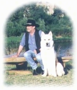 A very large Wolamute is sitting in front of a concrete bench next to a man wearing a black cowboy hat.