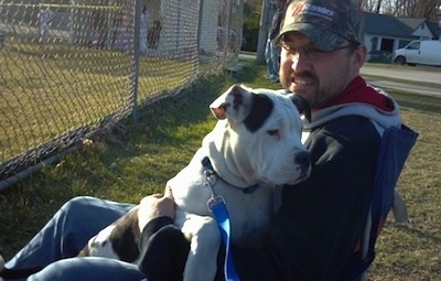 Chumley the Colorado Bulldog as a Puppy sitting in the lap of a man who is sitting in front of a chain link fence at a baseball field