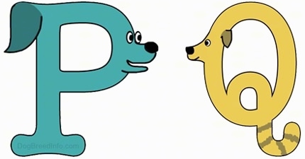 A drawn picture of dogs that are also the letters P and Q
