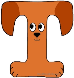 A drawn picture of a dog that is also the letter T