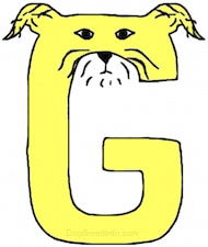 A yellow drawn letter G that also looks like a dog