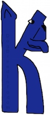A royal blue drawn letter K that also looks like a dog